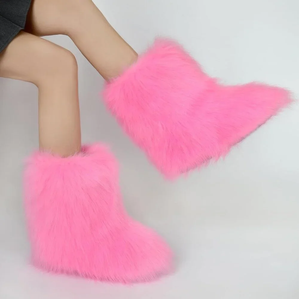 Women's Faux Fluffy Furry Fur Short Snow Warm Comfortable Mid Calf Pink Boots - Picture 2 of 5